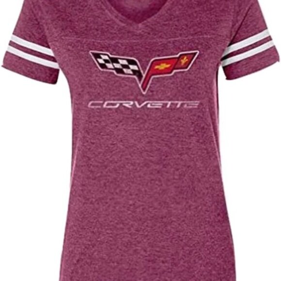 Joe Blow's T's Tops - Joe Blow's T's Chevrolet Corvette Logo Striped Sleeve Women's V-Neck